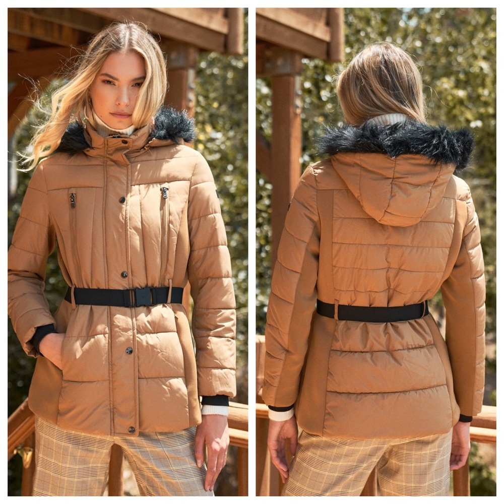 Camel Beige Faux Fur Harness Buckle Belt Detail Puffer Jacket